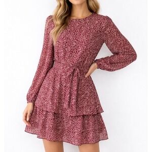 Revamped Burgundy Floral Tiered‎ Long Sleeve Mini Dress Womens L Lined Coquette
